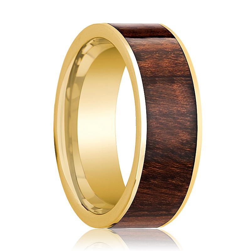 Mens Wedding Band 14k Yellow Gold Polished Flat Wedding Ring with Carpathian Wood Inlay  - 8mm - AydinsJewelry