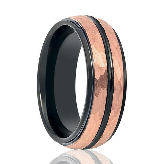 Rose Gold Hammered Center & Black Grooved Tungsten Wedding Ring for Men 8mm Stepped Edge Tungsten Carbide Wedding Band