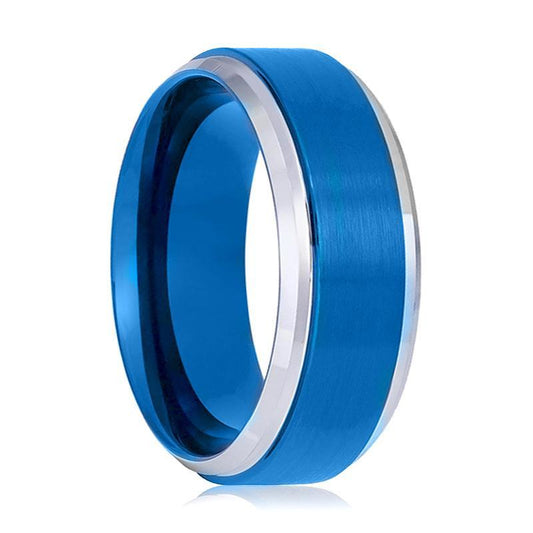 Tungsten Wedding Ring Blue Brushed Polished Stepped Edges 6mm, 8mm Tungsten Carbide Mens & Womens Band