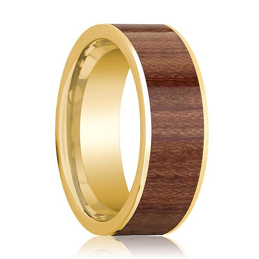 Mens Wedding Band Polished 14k Yellow Gold Men’s Flat Wedding Ring with Rose Wood Inlay - 8mm - AydinsJewelry
