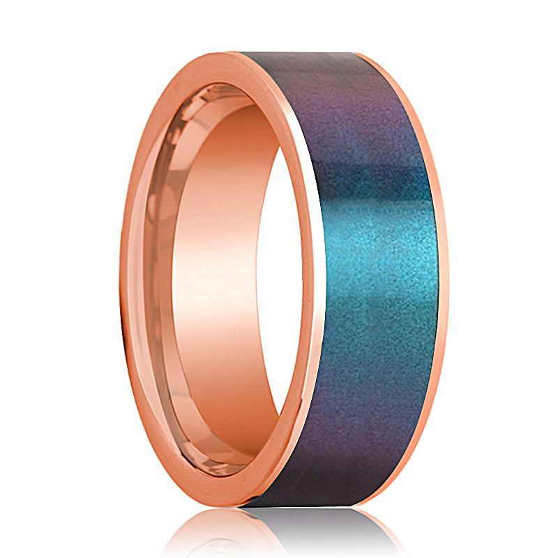 Mens Wedding Band 14K Rose Gold with Blue/Purple Color Changing Inlaid Flat Polished Design - AydinsJewelry