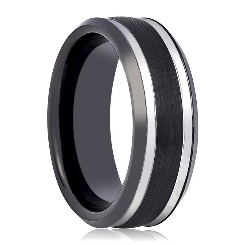 Tungsten Mens Wedding Band Two Tone Black & Silver Stepped Edge 8mm Tungsten Carbide Ring