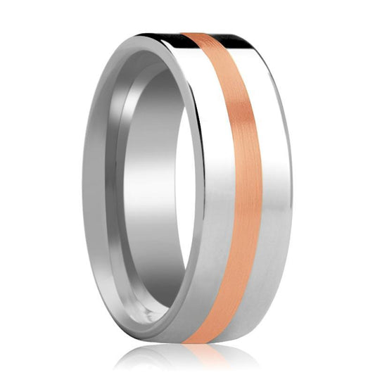 Tungsten Wedding Ring with 14k Rose Gold Stripe Inlay Flat Polished Finish 6mm, 8mm