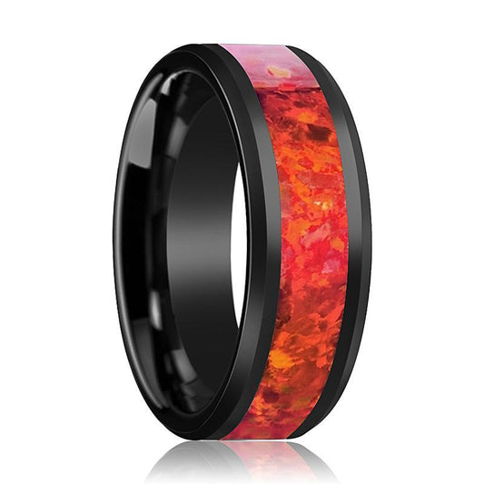 FELIX Black Ceramic Ring with Red Opal Inlay - AydinsJewelry