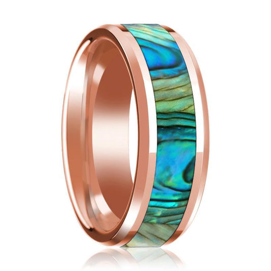 Rose Gold 14K Mother of Pearl Inlay Beveled Edge Mens Wedding Band Polished Design