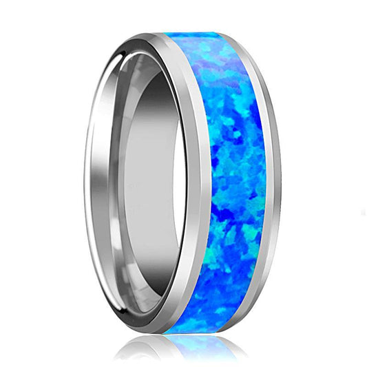 BENJAMIN Tungsten Blue Green Opal Inlay Wedding Band - AydinsJewelry