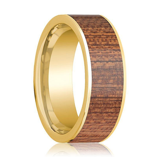 Mens Wedding Ring Polished 14k Yellow Gold Flat Wedding Band with Cherry Wood Inlay - 8mm - AydinsJewelry