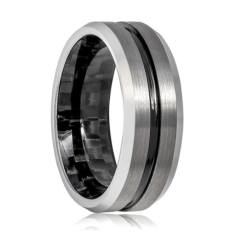 Mens Tungsten Wedding Band Black Groove & Carbon Fiber Inside the Band Tungsten Carbide Ring