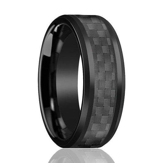 Tungsten Ring Black Shiny Polished w/ Black Carbon Fiber Inlay Wedding Band 8mm Tungsten Carbide Wedding Ring