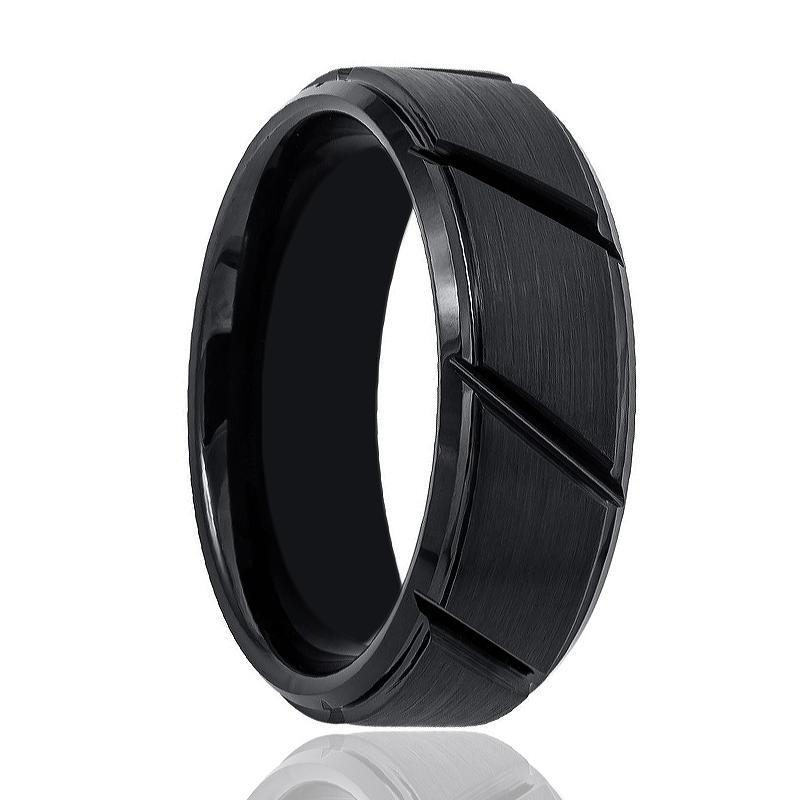 Tungsten Mens Wedding Band Black Brushed w/ Diagonal Grooves 8mm Tungsten Carbide Ring