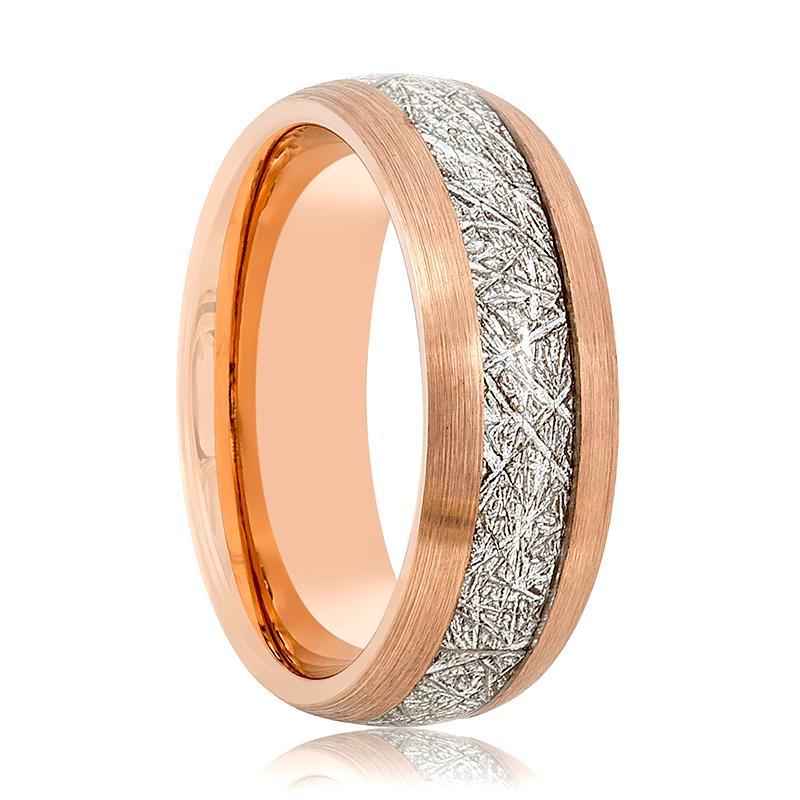 Rose Gold & Meteorite Inlay Tungsten Ring Men 8mm Beveled Edge Tungsten Carbide Wedding Band