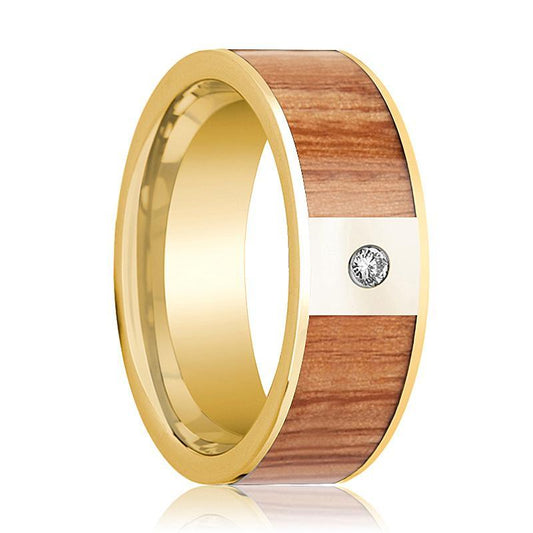 Mens Wedding Band 14k Yellow Gold with Red Oak Wood Inlay & Diamond - 8mm - AydinsJewelry