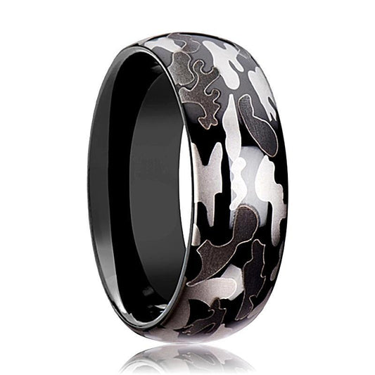 Tungsten Camo Ring - Black and Gray Camo - Tungsten Wedding Band - Polished Finish - 8mm - Tungsten Wedding Ring