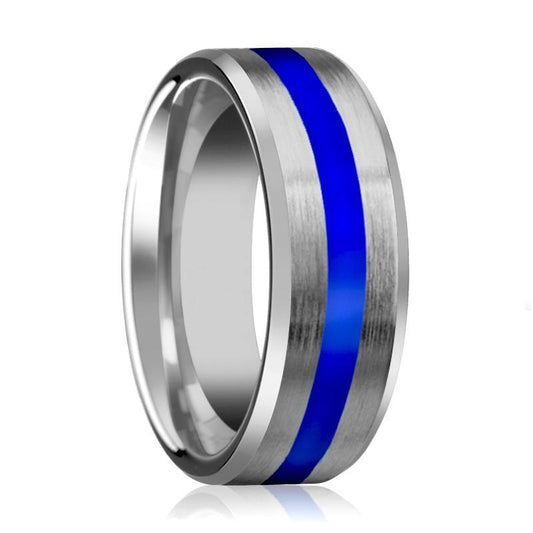 White Tungsten Ring Blue Center Stripe, Tungsten Wedding Band, Beveled Edges Brushed Finish 8mm
