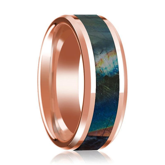 14K Rose Gold Mens Wedding Ring Inlaid with Spectrolite Beveled Edge Polished Design - AydinsJewelry