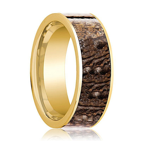 Dinosaur Bone Ring - Brown Dinosaur Bone - Flat Polished 14K Yellow Gold - Polished Finish - 8mm - 14k Gold Wedding Ring - AydinsJewelry