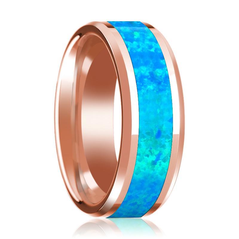 Blue Opal Inlay Beveled Edge Mens Wedding Band 14K Rose Gold Polished Design - AydinsJewelry