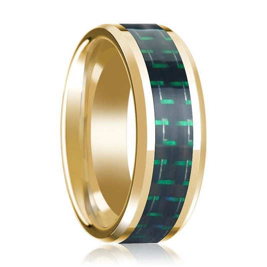 14K Yellow Gold Mens Wedding Band with Black & Green Carbon Fiber Inlay Beveled Polished Design