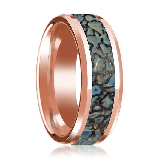 Blue Dinosaur Bone Inlay Beveled Edges Polished 14K Rose Gold Wedding Band 8mm - AydinsJewelry