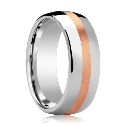Wedding Ring Tungsten with 14k Rose Gold Stripe Inlay Domed Polished Finish 6mm, 8mm