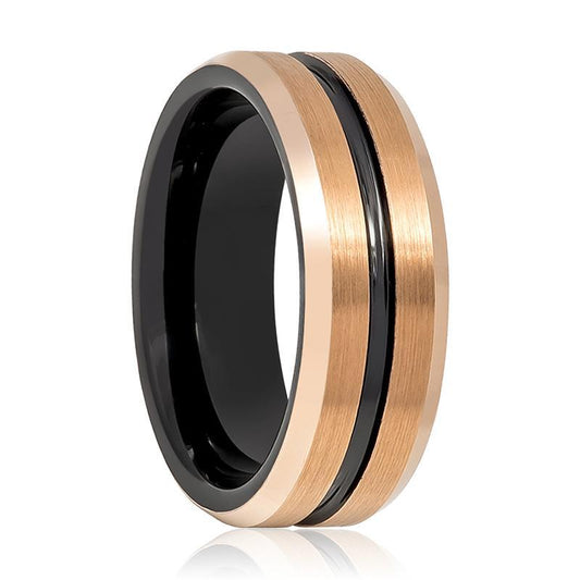 Rose Gold & Black Grooved Tungsten Wedding Ring for Men 8mm Beveled Edge Tungsten Carbide Wedding Band