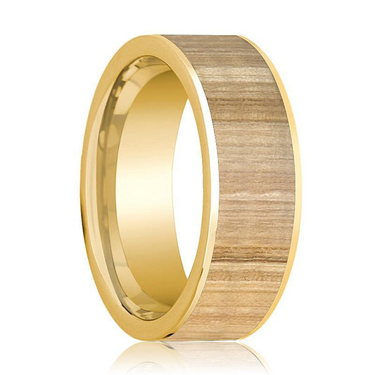 Mens Wedding Ring Polished 14k Yellow Gold Flat Wedding Band with Ash Wood Inlay - 8mm - AydinsJewelry