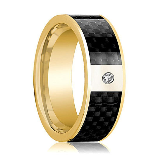 Mens Wedding Band 14K Yellow Gold and Diamond with Black Carbon Fiber Inlay Flat Polished Design