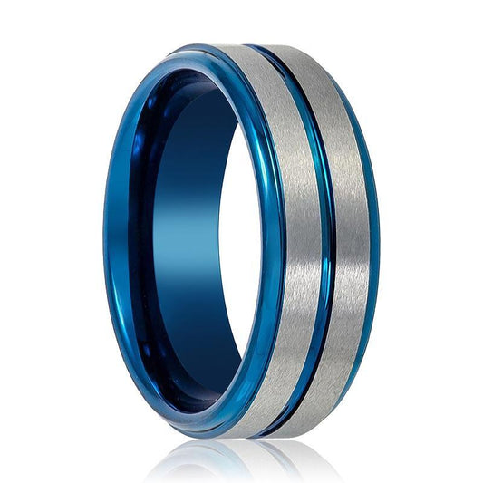 Blue Tungsten and Silver Brushed Grooved Tungsten Carbide Ring