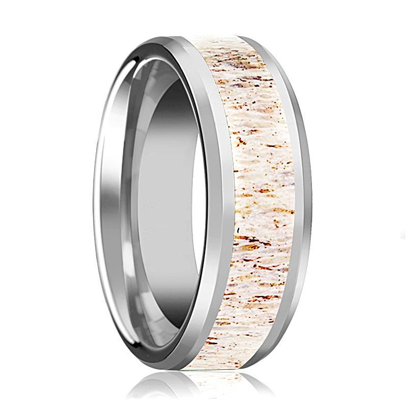 Tungsten Off White Antler Inlay - Tungsten Wedding Band - Beveled - Polished Finish - 8mm - Tungsten Wedding Ring - AydinsJewelry