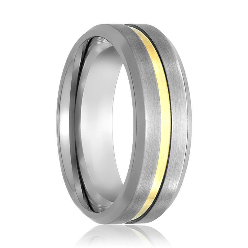 Mens Tungsten Wedding Band Brushed Gold Groove Center 7mm Tungsten Carbide Ring