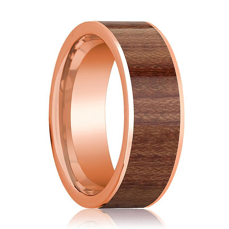 Mens Wedding Band Polished Flat 14k Rose Gold Wedding Ring with Rose Wood Inlay - 8mm