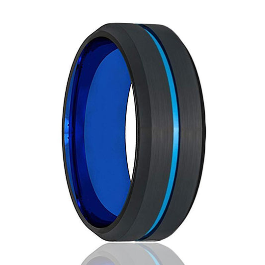 ATOM Beveled Edge with Blue Groove Tungsten Wedding Band