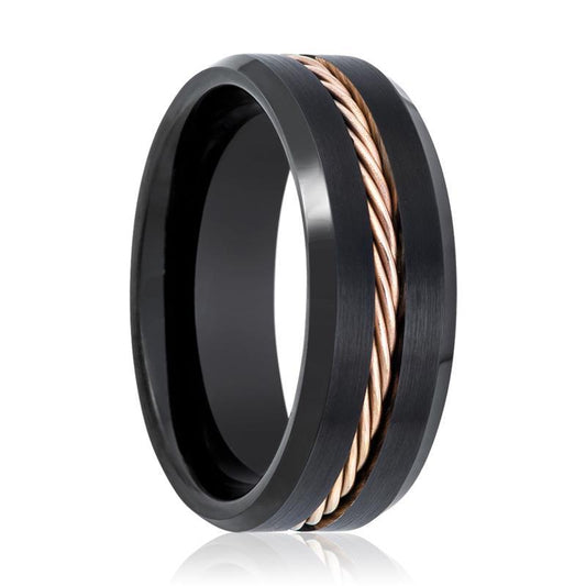 Brushed Tungsten Mens Wedding Band Black w/ Rose Gold Rope
