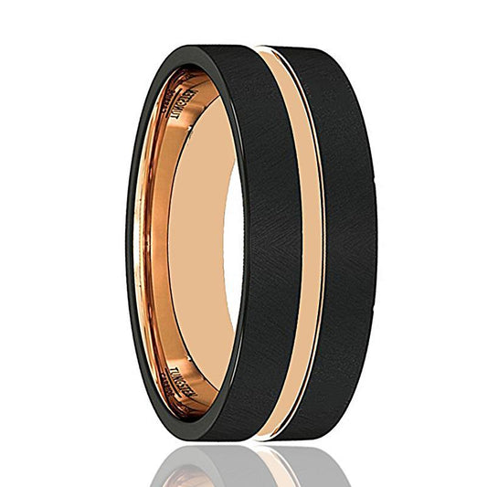 VULCAN Mens Wedding Band Rose Gold Groove Flat Edge