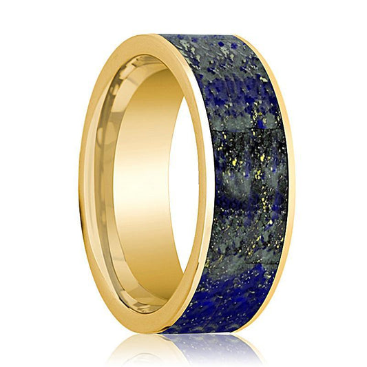 Mens Wedding Band 14K Yellow Gold with Blue Lapis Lazuli Inlay Flat Polished Design - AydinsJewelry
