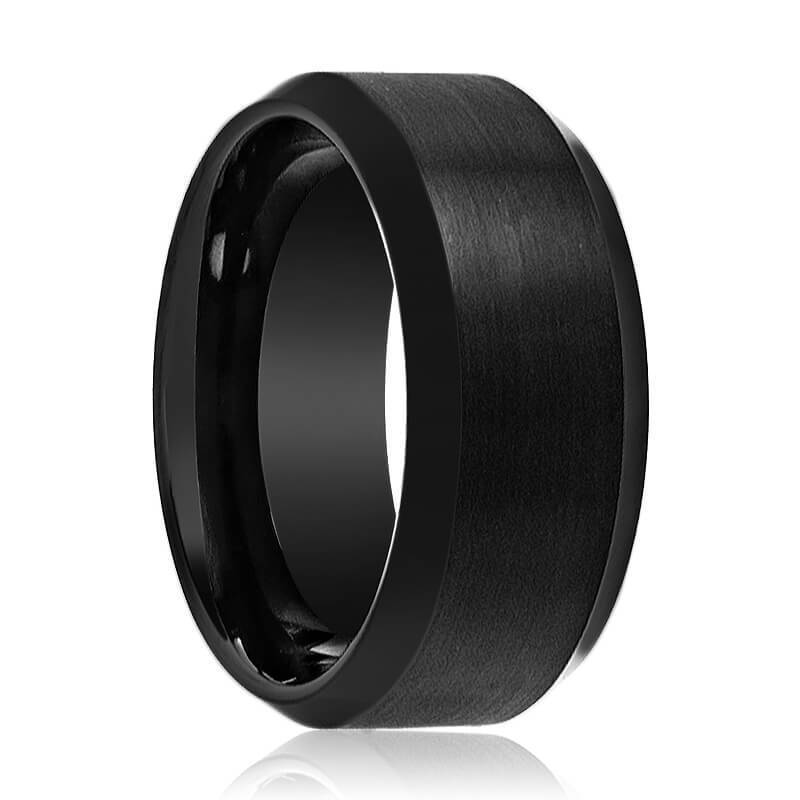 Tungsten Ring Black Brushed Center Wedding Band 6mm - 8mm - 10mm Beveled Edge Tungsten Carbide Wedding Ring