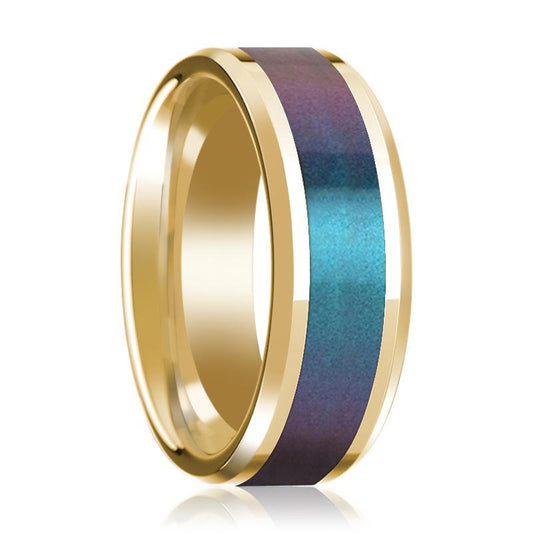 14K Yellow Gold Mens Wedding Band with Blue/Purple Color Changing Inlaid Beveled Edges Polished - AydinsJewelry