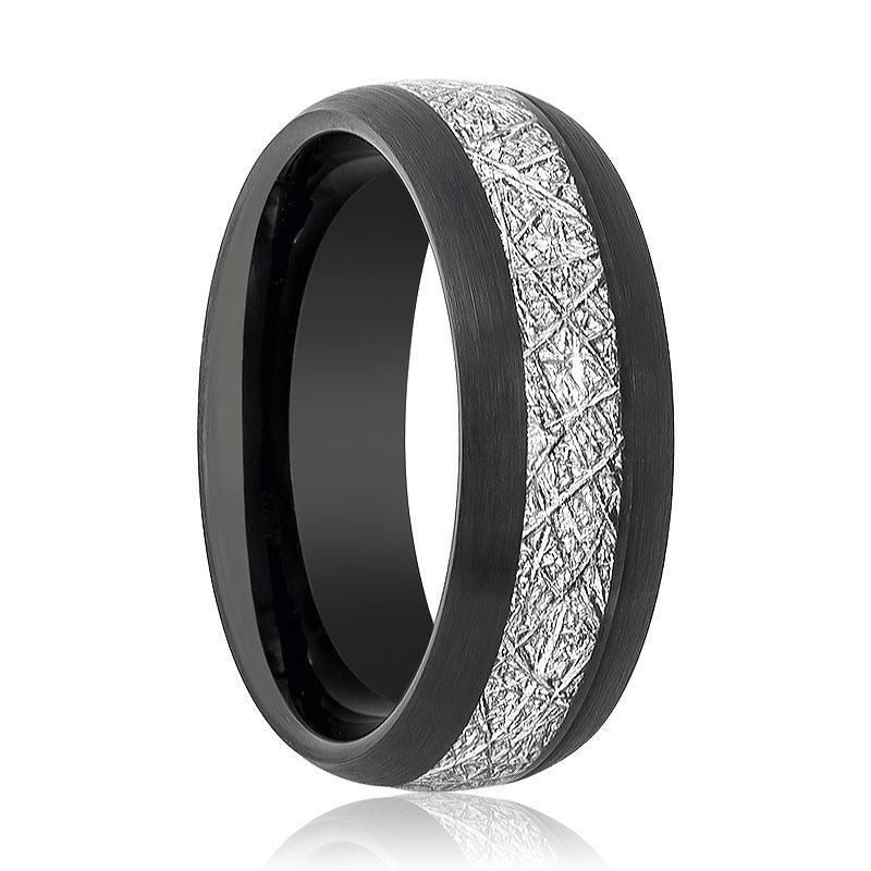 Tungsten Ring Black Brushed Domed w/ Meteorite Inlay Center Wedding Band 8mm Tungsten Carbide Wedding Ring