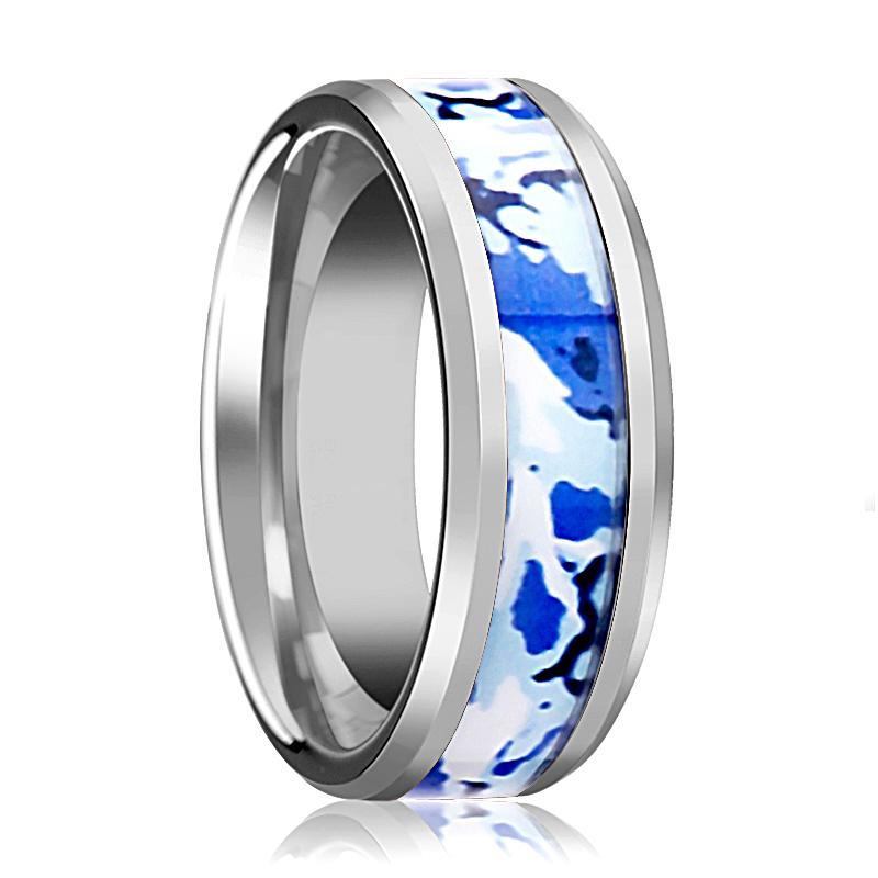 Tungsten Camo Ring - Blue and White Camouflage - Tungsten Wedding Band - Beveled - Polished Finish - 8mm - Tungsten Wedding Ring