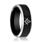 Tungsten Ring Black Shiny Polished Silver Beveled Edge w/ Mason Symbol Engraved Wedding Band 6mm, 8mm Tungsten Carbide Wedding Ring