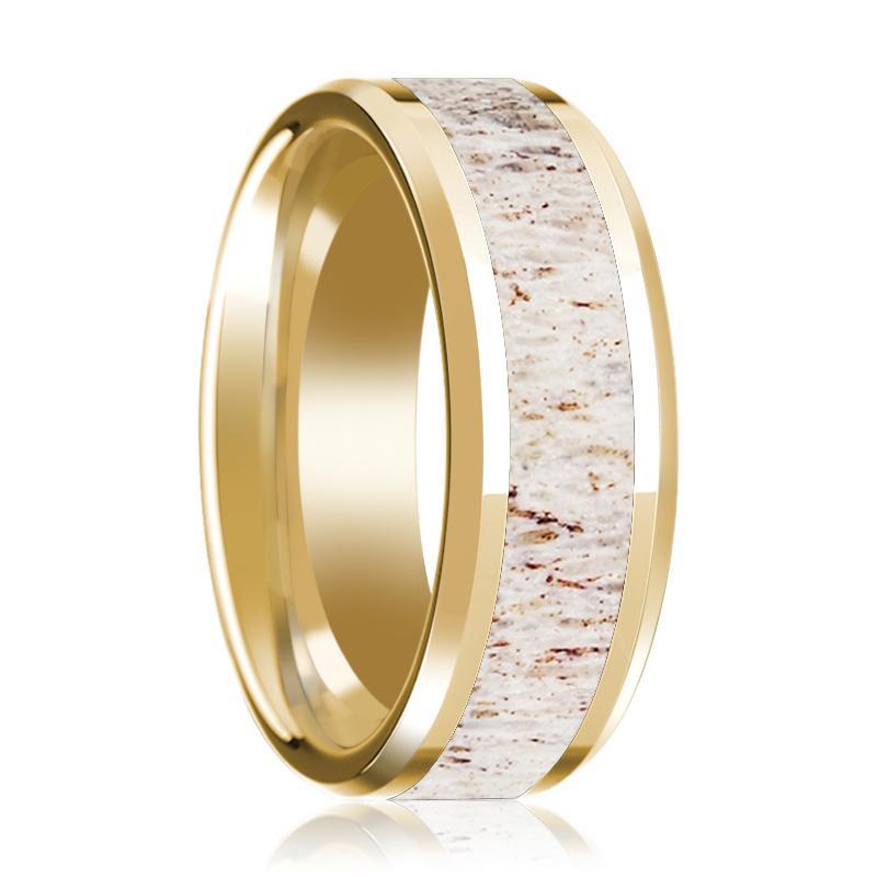 14K Yellow Gold Wedding Ring with White Deer Antler Inlay Beveled Edge and Polished - AydinsJewelry