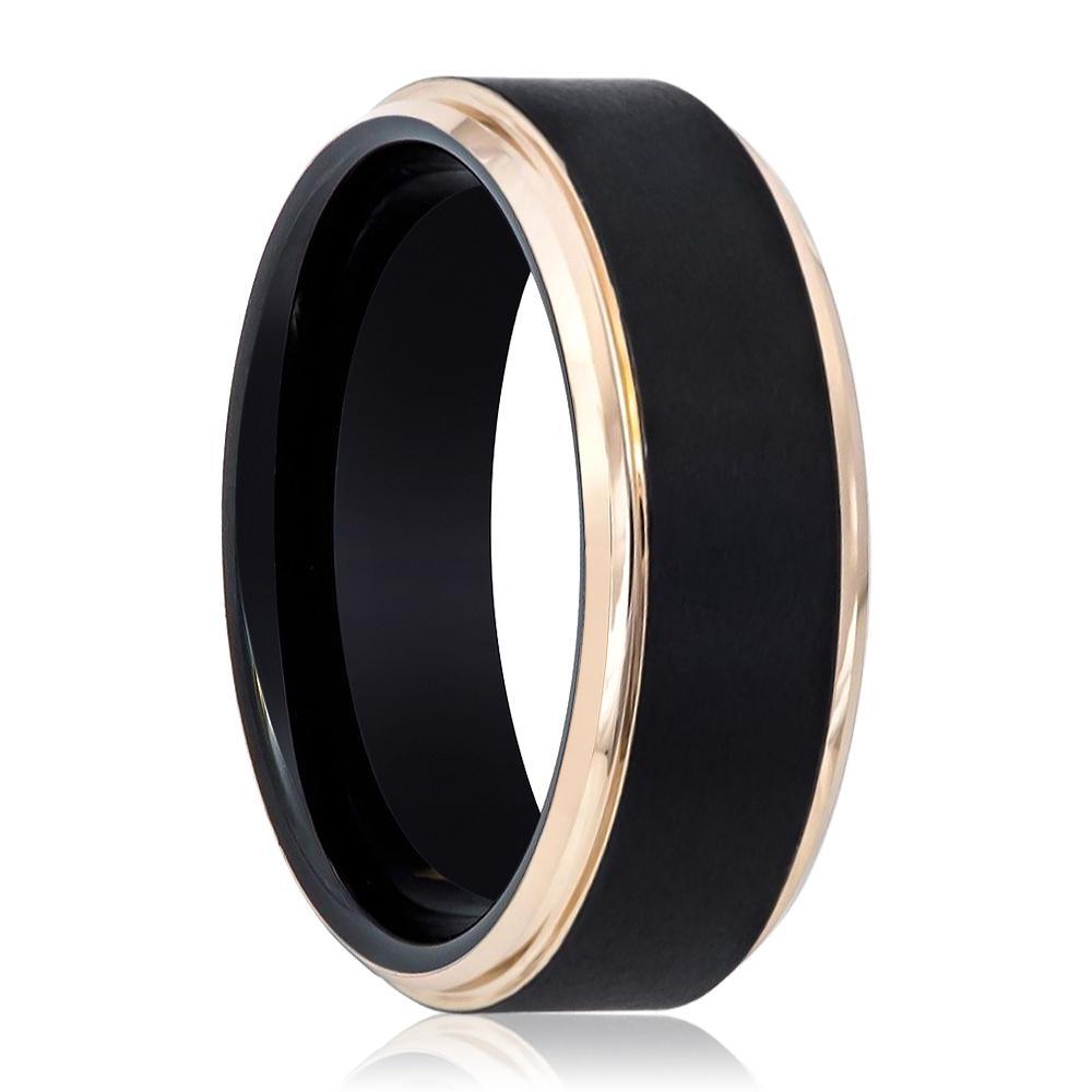 Black and Rose Gold Stepped Edge Tungsten Men's Wedding Band