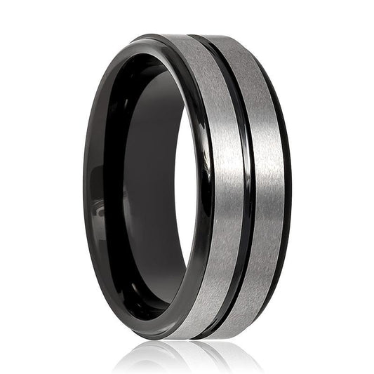 Tungsten Mens Wedding Band Gun Metal Brushed w/ Black Groove 8mm Tungsten Carbide Ring