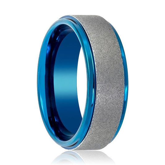 Sandblasted Stepped Edge Tungsten Wedding Ring Blue and Silver