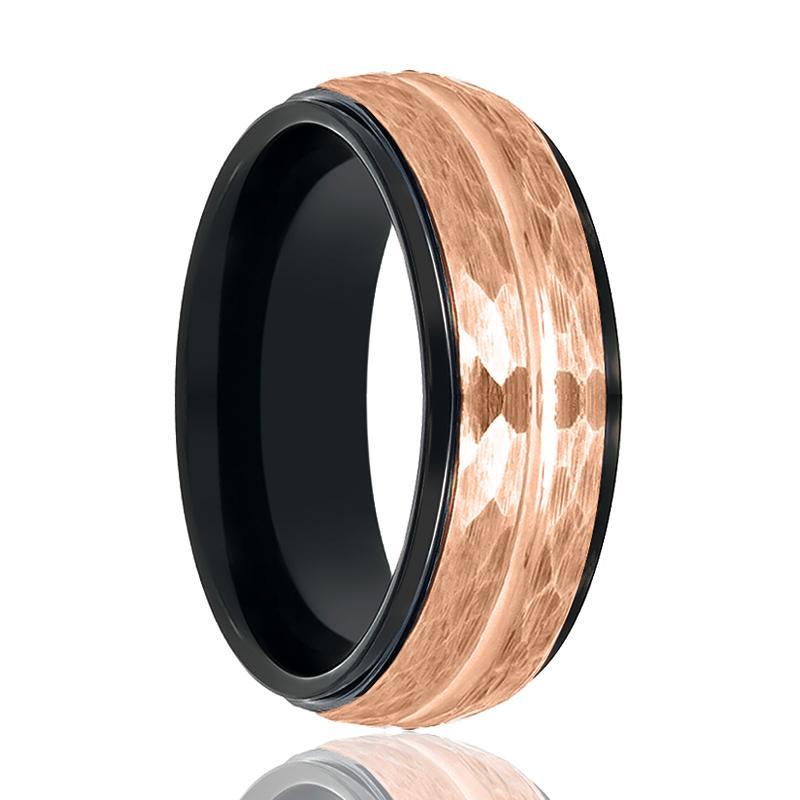 Black & Rose Gold Grooved Tungsten Hammered Center Wedding Ring for Men 8mm Stepped Edge Tungsten Carbide Wedding Band
