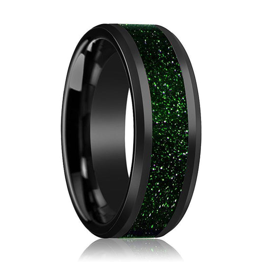 EDRIC Green Goldstone Inlaid in Ceramic Wedding Band - AydinsJewelry