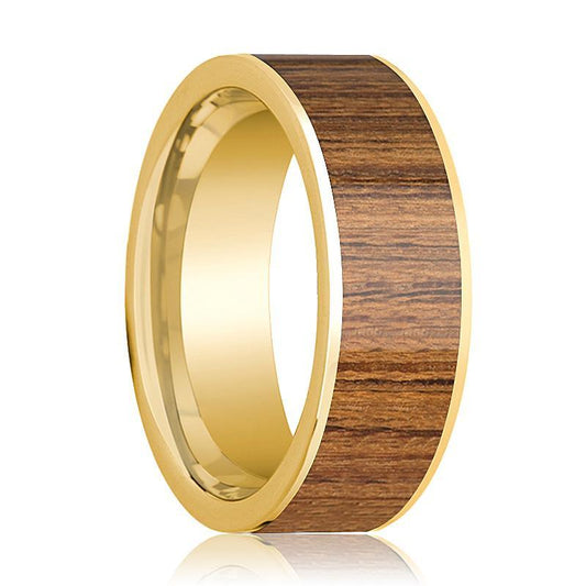 Mens Wedding Band Polished 14k Yellow Gold Wedding Ring with Teak Wood Inlay - 8mm - AydinsJewelry