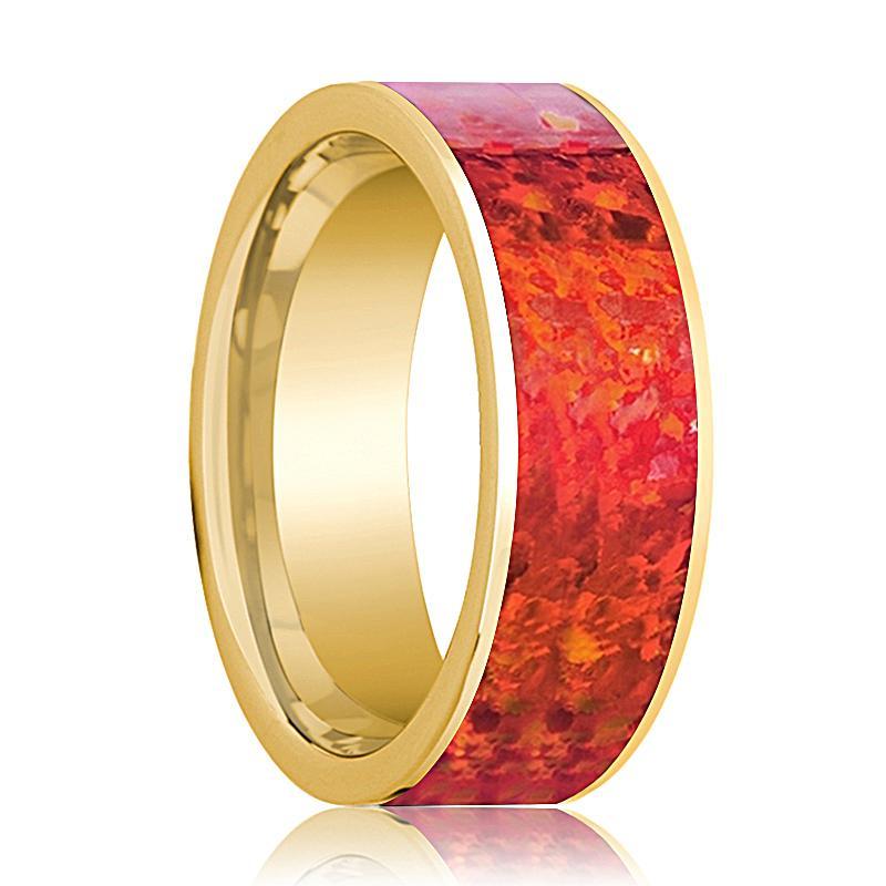 Mens Wedding Band 14K Yellow Gold with Red Opal Inlay Flat Polished Design - AydinsJewelry