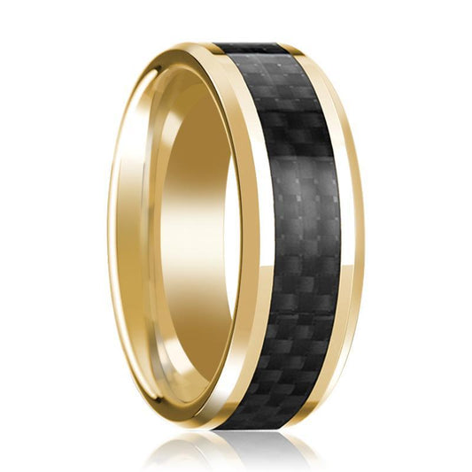 14K Yellow Gold Ring with Black Carbon Fiber Inlay Beveled Edge Wedding Band Polished Design