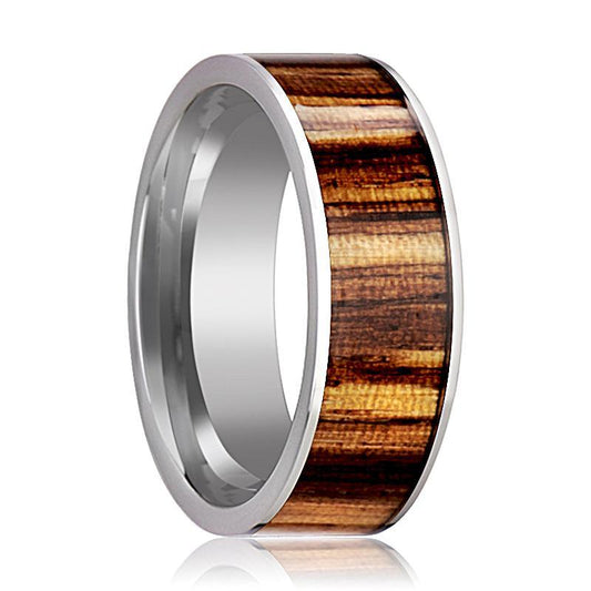 Tungsten Wood Ring - Zebra Wood Inlay - Tungsten Wedding Band - Polished Finish - 8mm - Tungsten Wedding Ring
